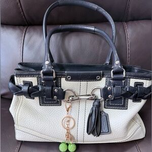 Coach Hamptons braided satchel in white and black pebble leather